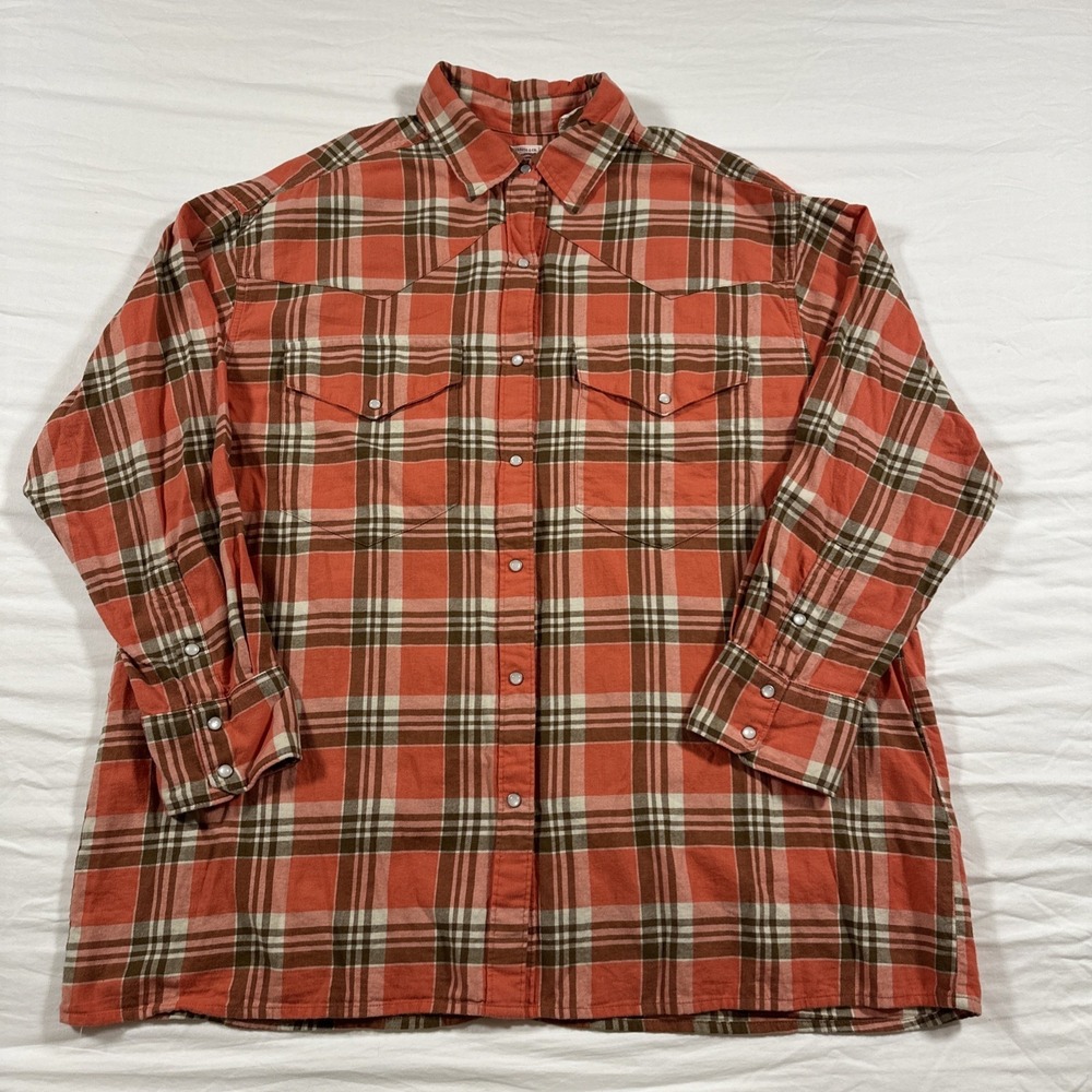 Levi Pearl Snap Shirt Womens Large Pink Plaid Flannel Western Cowboy Outdoor USA
